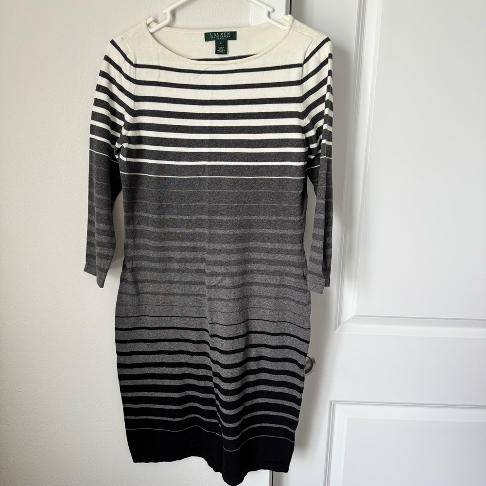 Lauren Ralph Lauren Gray Striped Sweater Dress Size Medium Gray Black White Fall - Picture 3 of 12